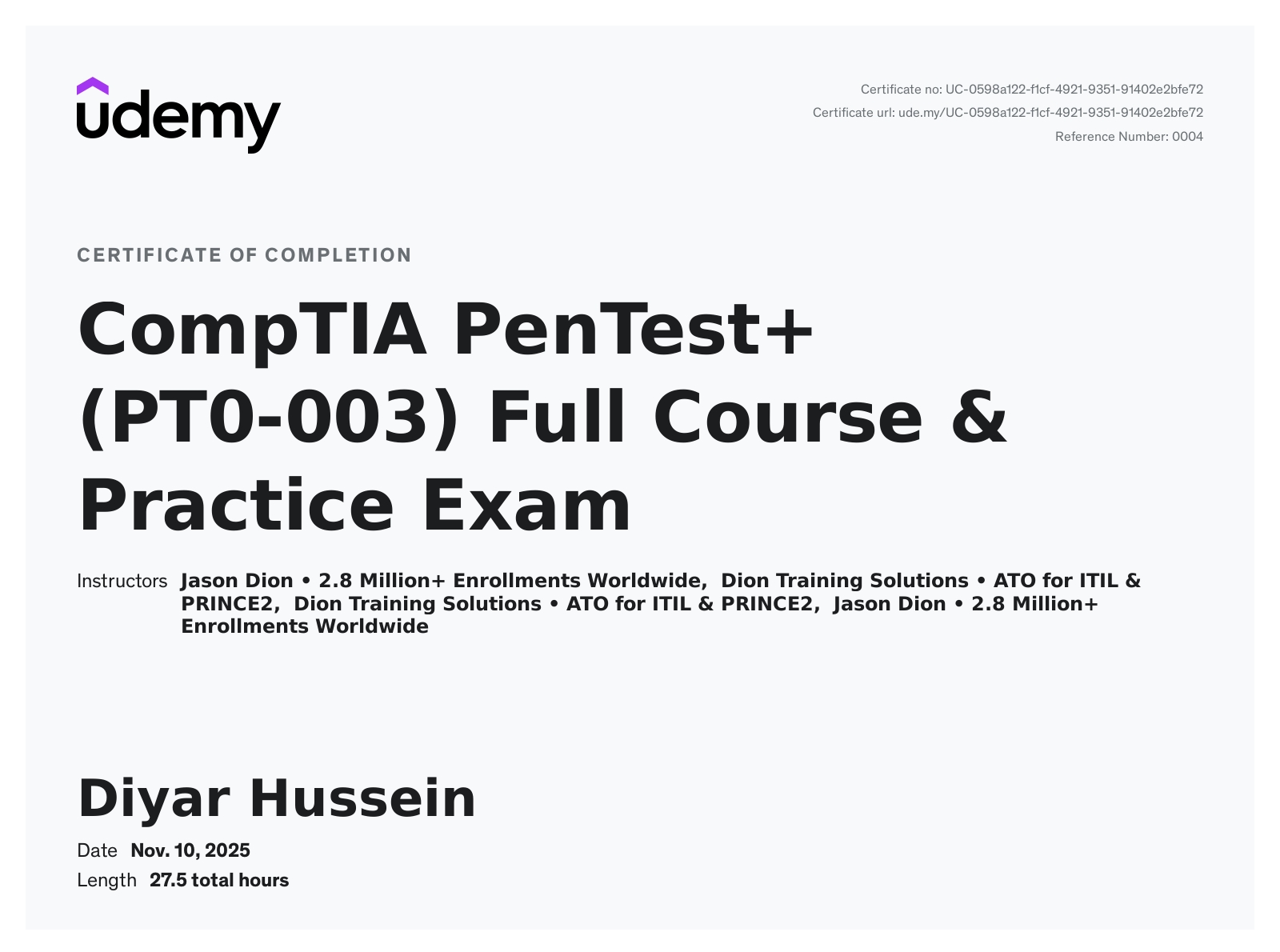CompTIA PenTest+ (PT0-003) Course certificate