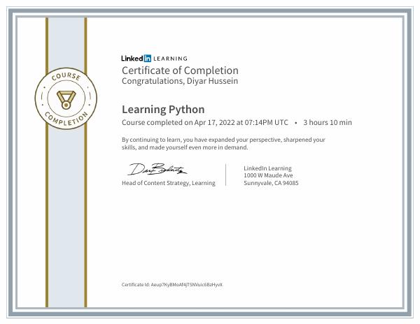 Learning Python certificate preview