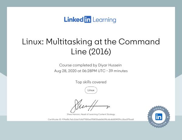 Linux: Multitasking at the Command Line (2016) certificate preview