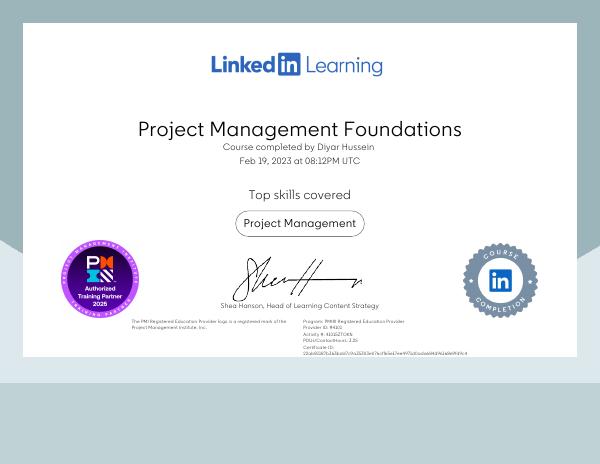 Project Management Foundations certificate preview