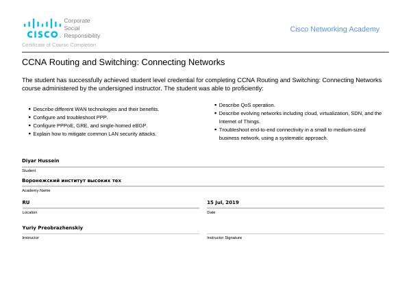 CCNA — Connecting Networks certificate preview