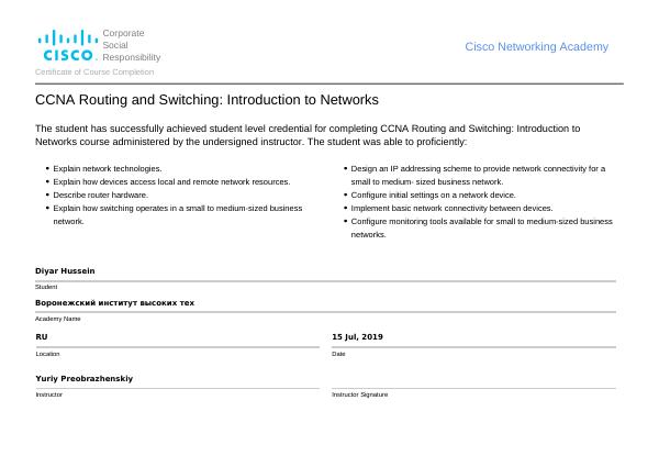 CCNA — Introduction to Networks certificate preview