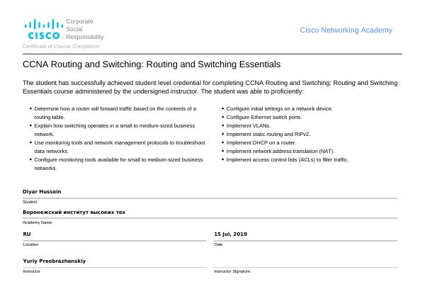 CCNA — Routing & Switching Essentials certificate preview